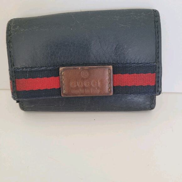 Gucci Logo Key Holder Wallet Case Leather Small Unisex Black Trifold Striped - Picture 2 of 12